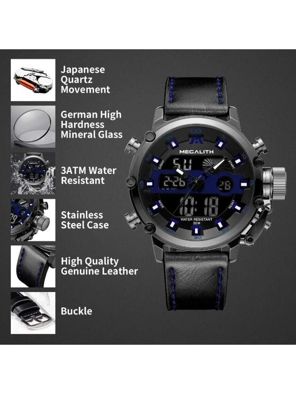 Men's Black And Blue Analog Leather Strap Waterproof Multifunction Digital Watch